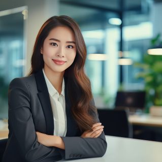 Portrait of a Beautiful Businesswoman in Modern Office, Asian Manager Looking at Camera and Smiling, Confident Female CEO Planning and Managing Company. Generative Ai