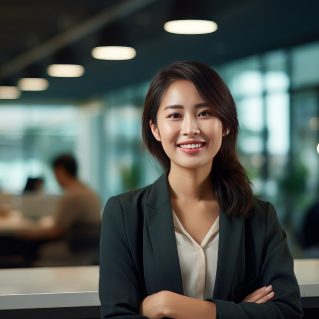 Portrait of a Beautiful Businesswoman in Modern Office, Asian Manager Looking at Camera and Smiling, Confident Female CEO Planning and Managing Company. Generative Ai