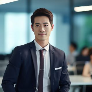 Portrait of a Handsome Businessman in Modern Office, Asian Manager Looking at Camera and Smiling, Confident Male CEO Planning and Managing Company Strategy. Generative Ai